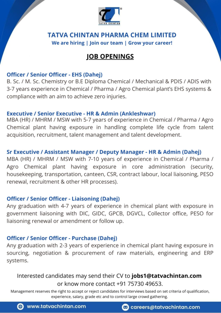 Tatva Chintan Pharma Chem Limited – Job Openings