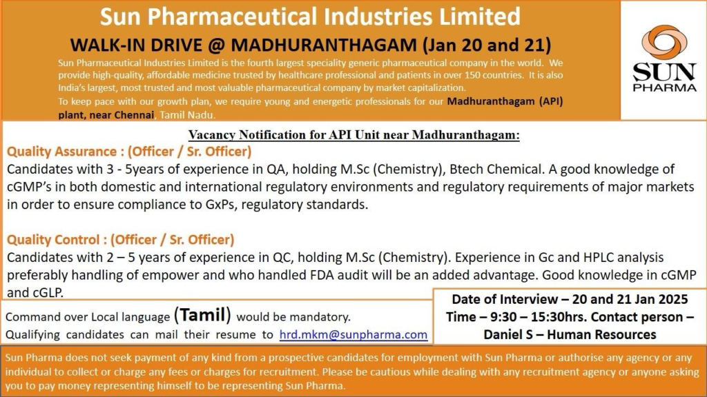 Sun Pharmaceutical Walk In Drive Notification
