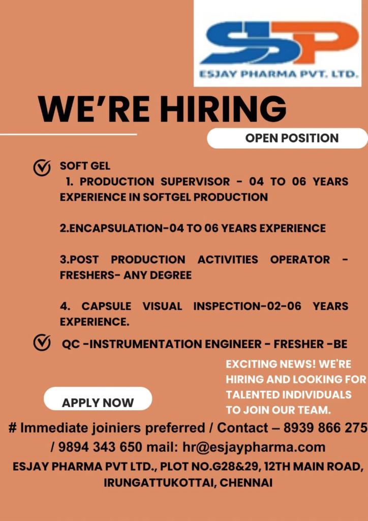 SSP Esjay Pharma Hiring Notification
