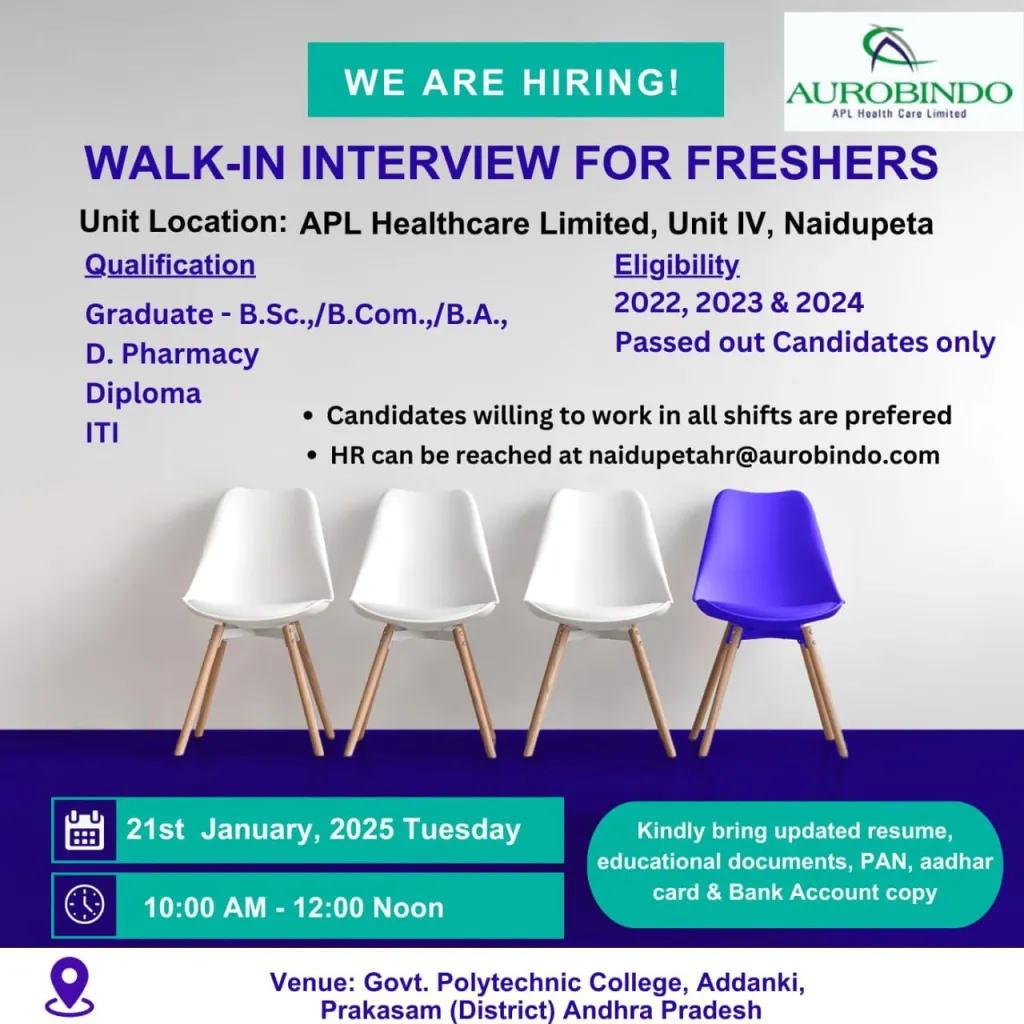 Aurobindo Pharma – Walk-In Interview for Freshers