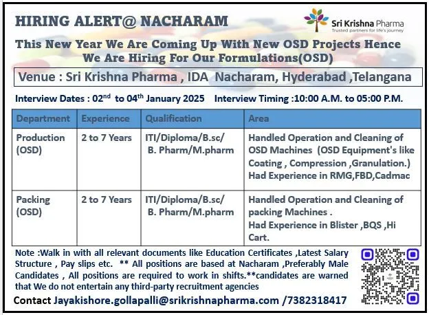 Sri Krishna Pharma – Walk in Notification