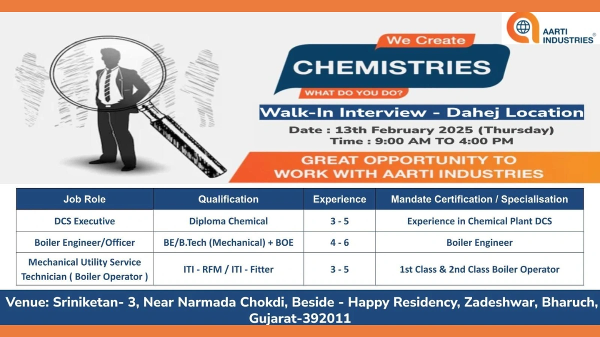 Aarti Industries - Walk in Interview for DCS Executive and Boiler Officer