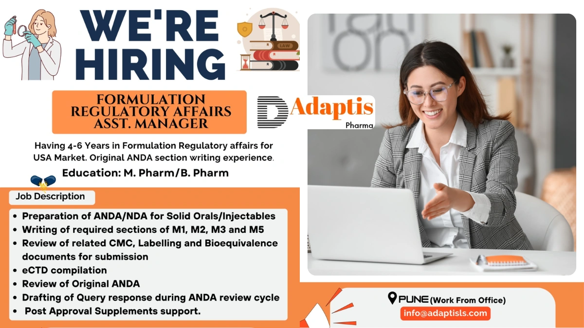 Adaptis Pharma Hiring Alert - Assistant Manager – Formulation Regulatory Affairs