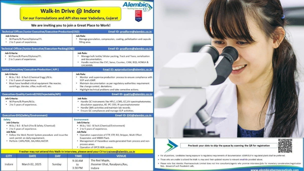 Alembic Pharmaceuticals - Walk-In Drive @ Indore for Formulations and API Sites near Vadodara, Gujarat