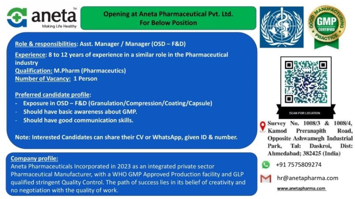 Aneta Pharmaceutical - Hiring Assistant Manager, Manager (OSD - F&D)