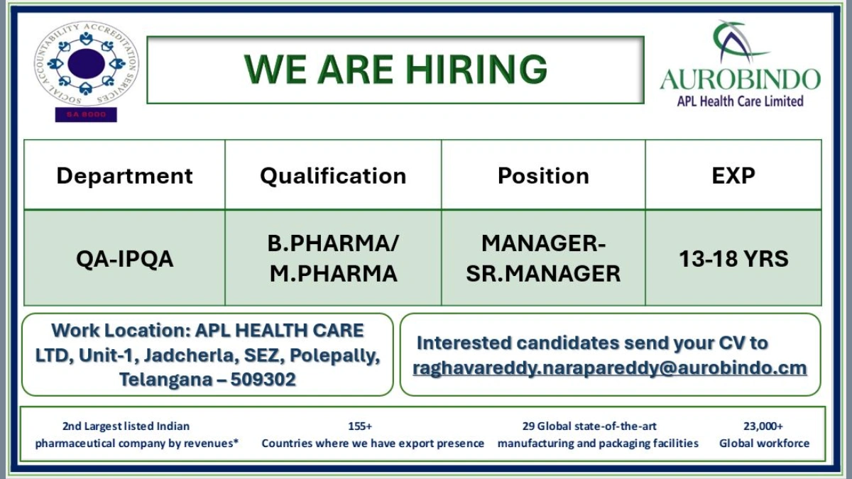 Aurobindo APL Health Care Limited – Hiring for Quality Assurance – IPQA