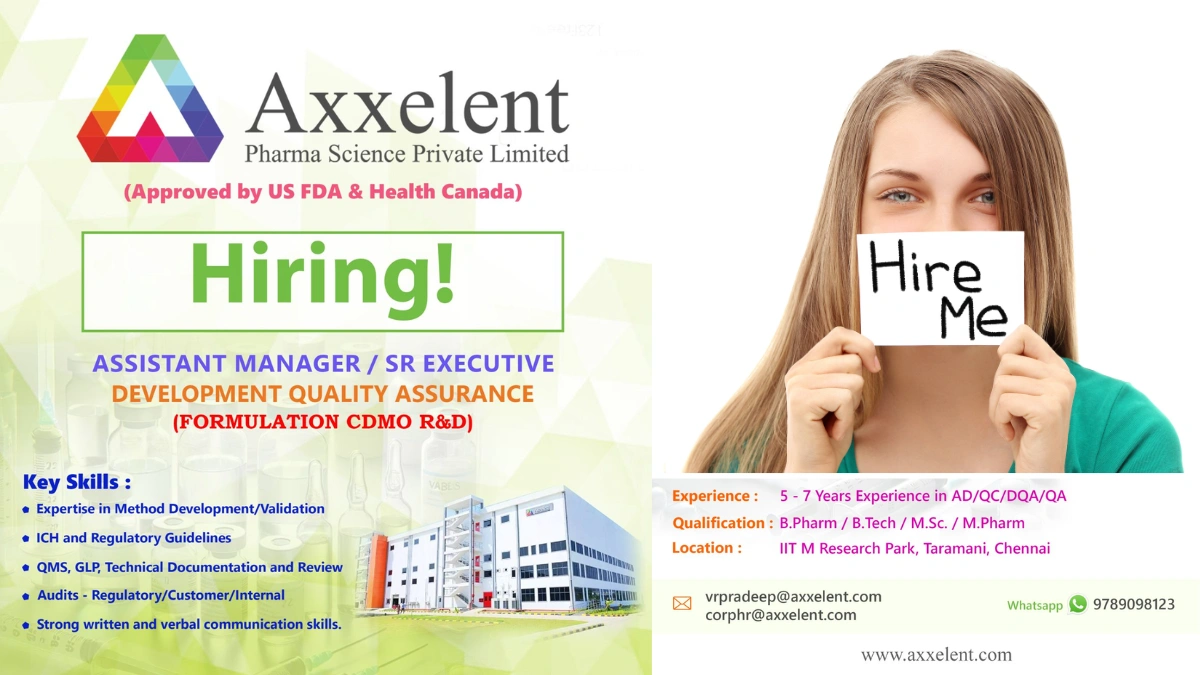 Axxelent Pharma Science Is Hiring for Assistant Manager & Senior Executive – Development Quality Assurance (DQA)