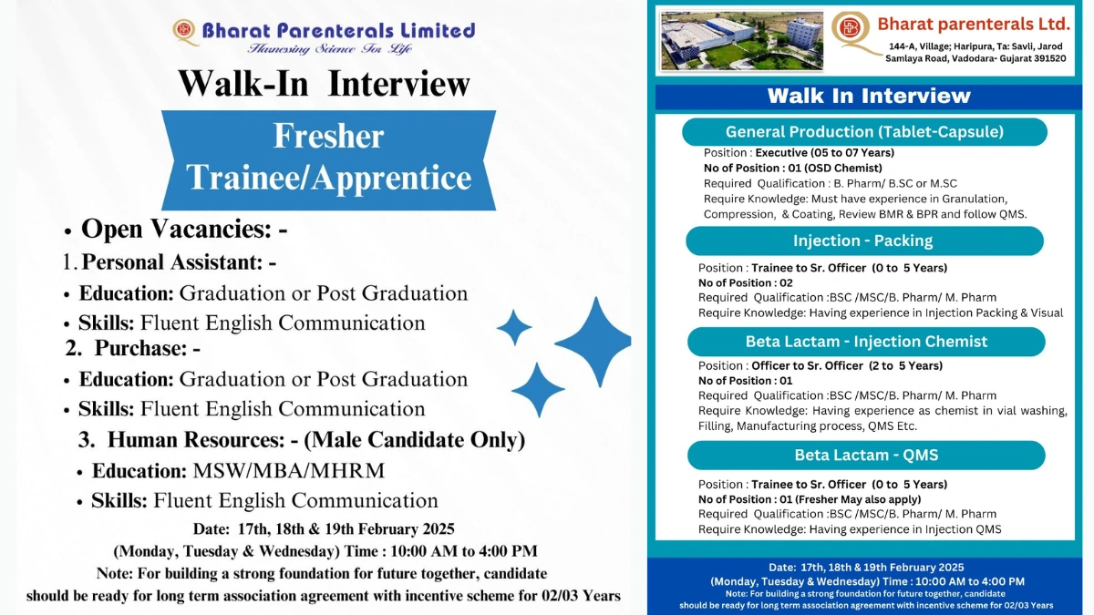 Bharat Parenterals Limited - Walk in Interview for Freshers & Experienced Professionals