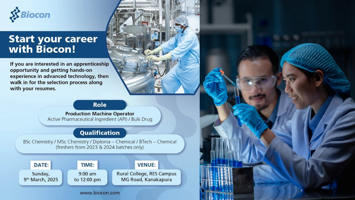Biocon Walk in Interview for Production Machine Operator