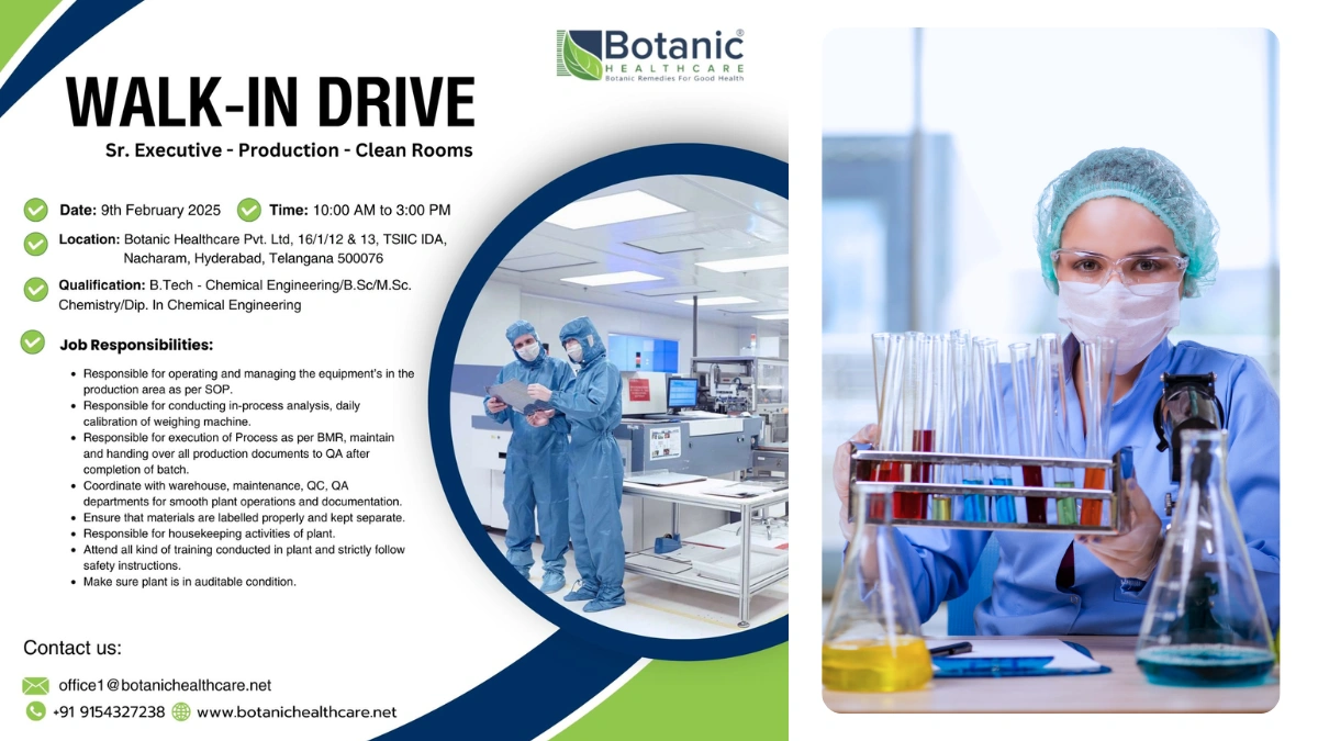 Botanic Healthcare - WALK-IN DRIVE for Sr. Executive - Production - Clean Rooms
