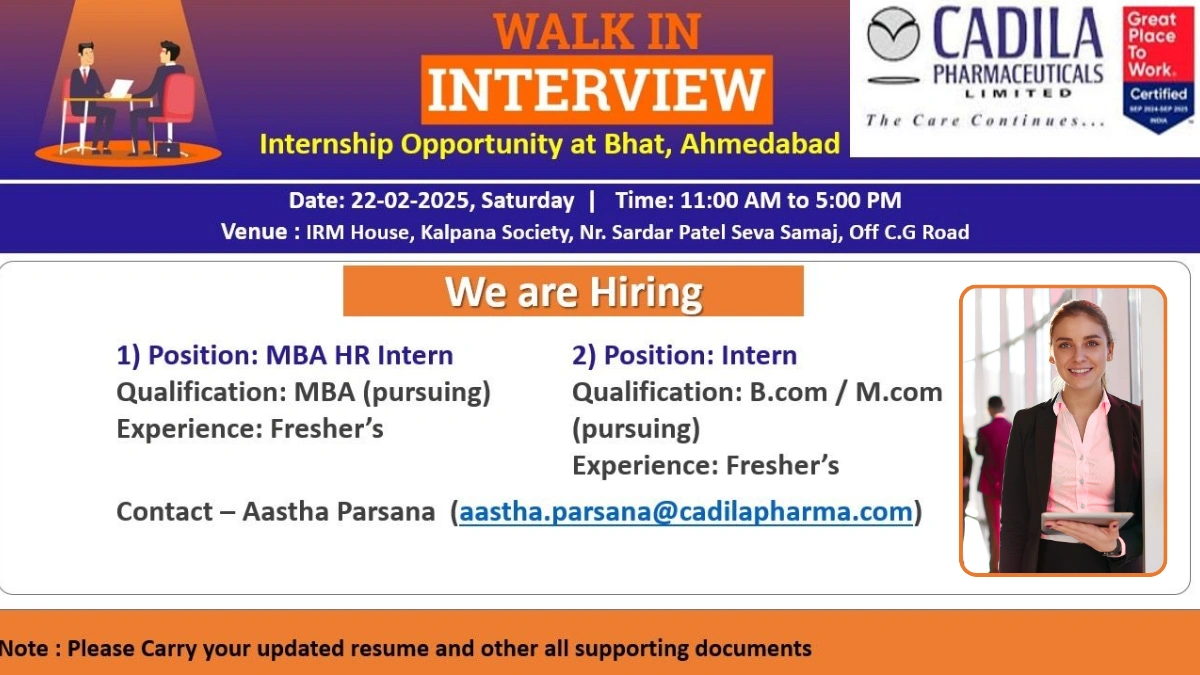 Cadila Pharmaceuticals Limited - Walk in Interview for MBA HR Intern on 22nd Feb