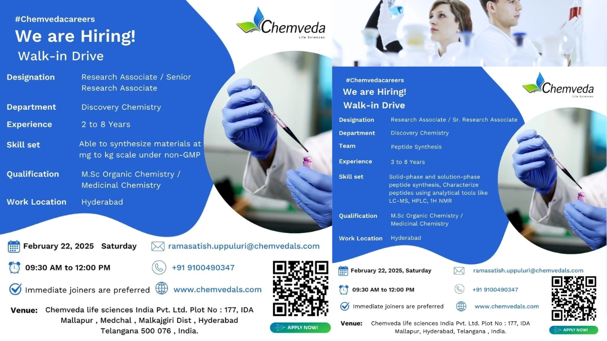Chemveda Life Sciences - Walk-in Drive for Research Associate and Senior Research Associate