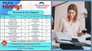 Cleanchem Laboratories - Hiring Candidates for Multiple Positions