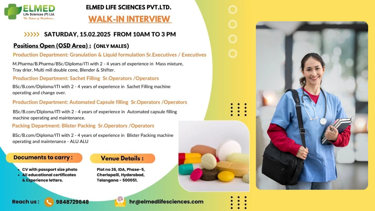 Elmed Life Sciences Pvt. Ltd. – Walk-In Interview for Production and Packing Department