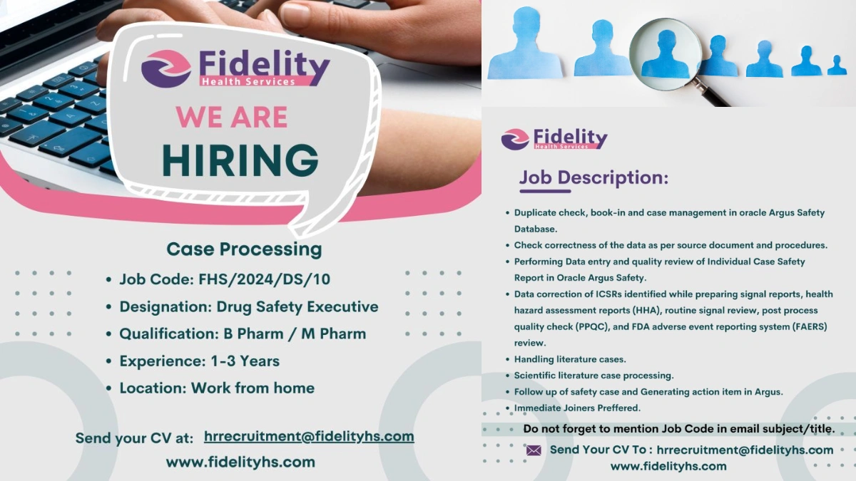 Fidelity Health Services - Hiring for Drug Safety Executive (Work From Home)