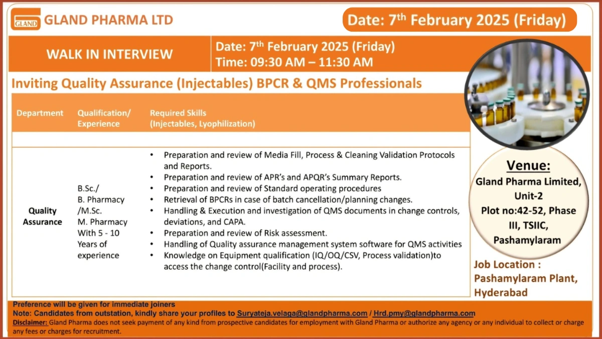 Gland Pharma Ltd - Walk in Interview