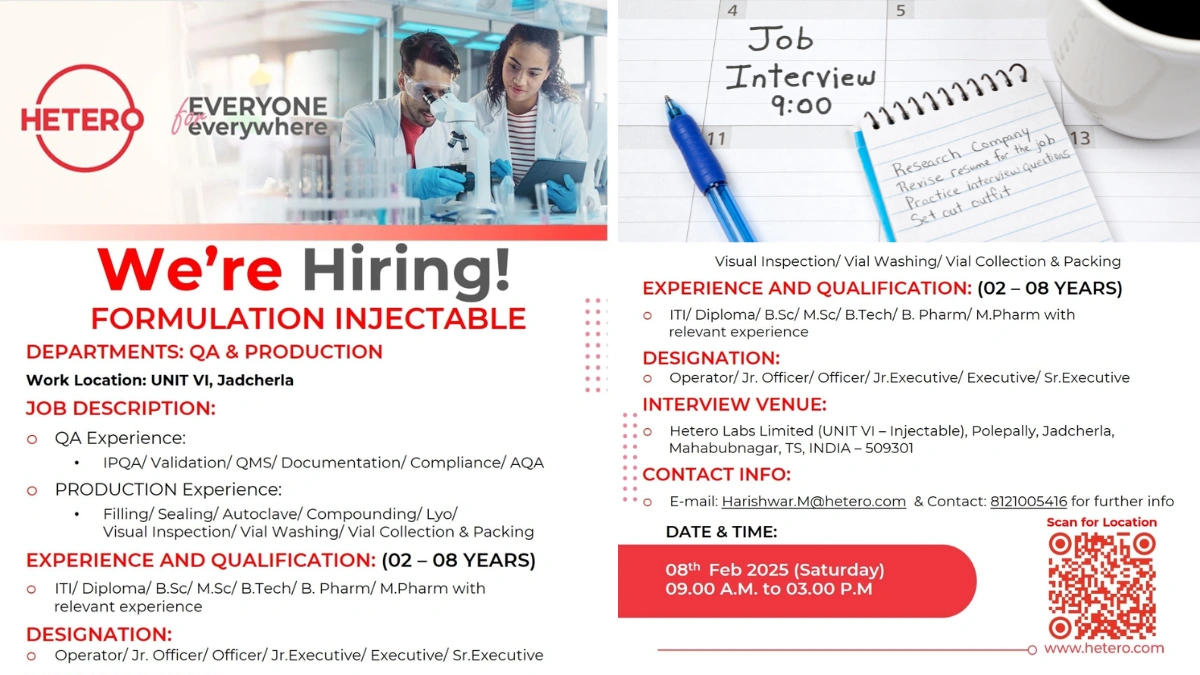 Hetero Hiring for QA & Production – Formulation Injectable