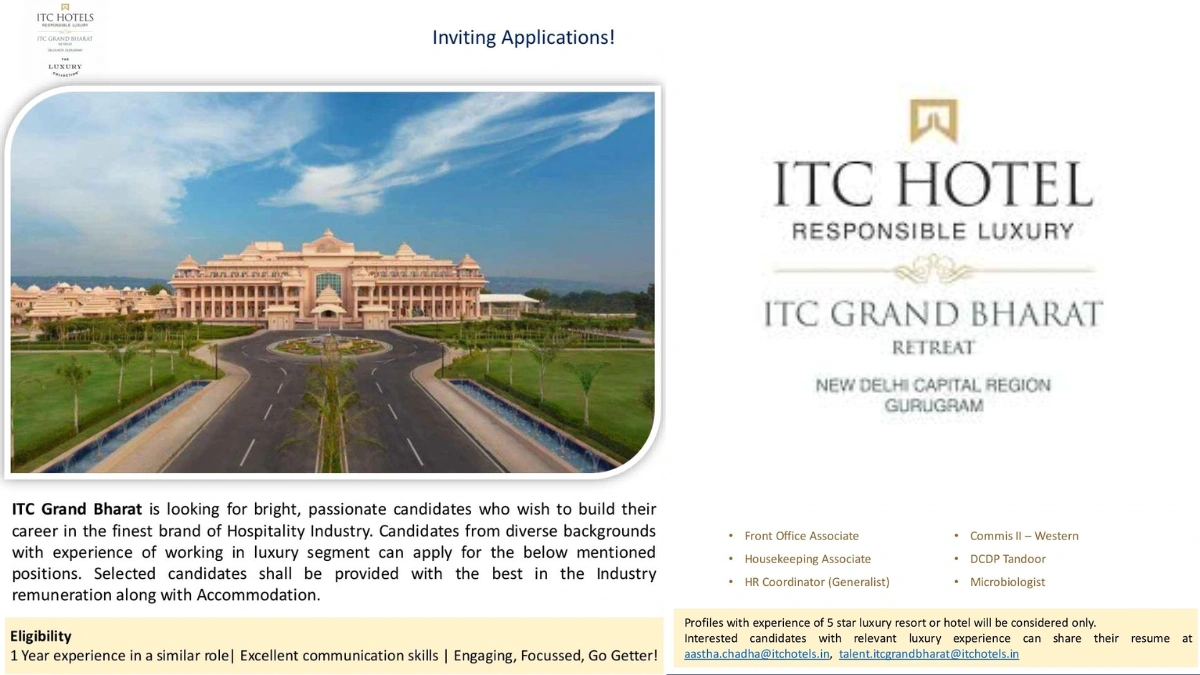 ITC Grand Bharat - Urgent Hiring for Microbiologist, HR Coordinator (Generalist) and More