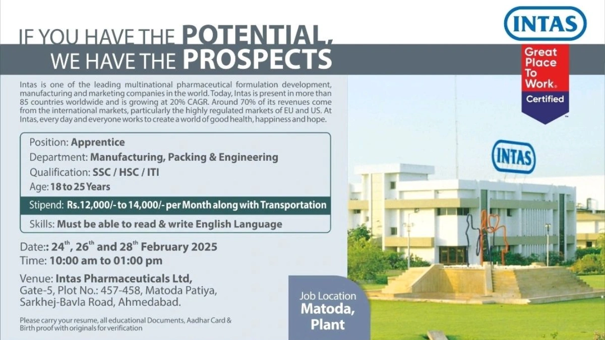 Intas Pharmaceuticals Ltd - Walk-in Interview for Apprentice Positions