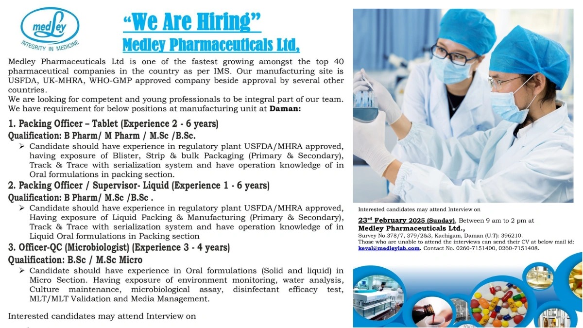 Medley Pharmaceuticals Ltd - Walk In Interview for Packing Officer and QC