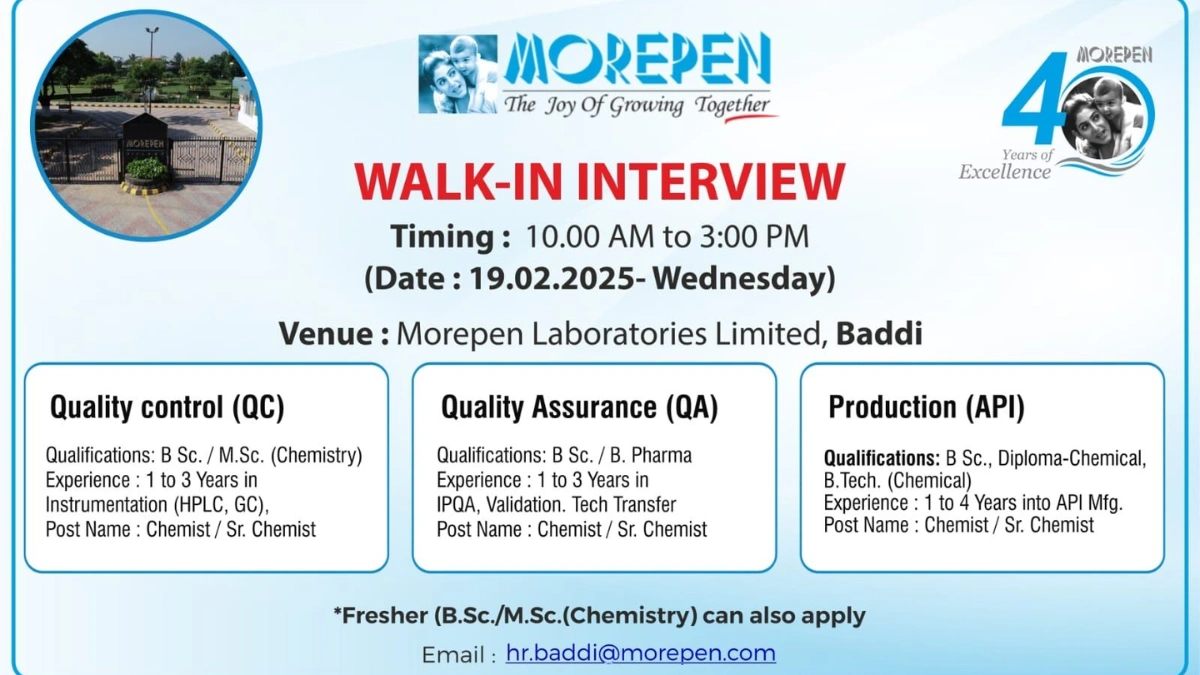 Morepen Laboratories Limited - Walk-in Interview for QC, QA and Production for Freshers and Experience Candidates