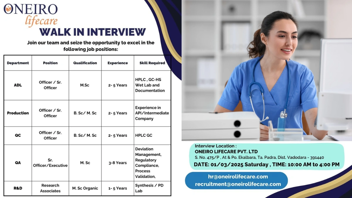 Oneiro Lifecare Walk In Interview for Multiple Positions