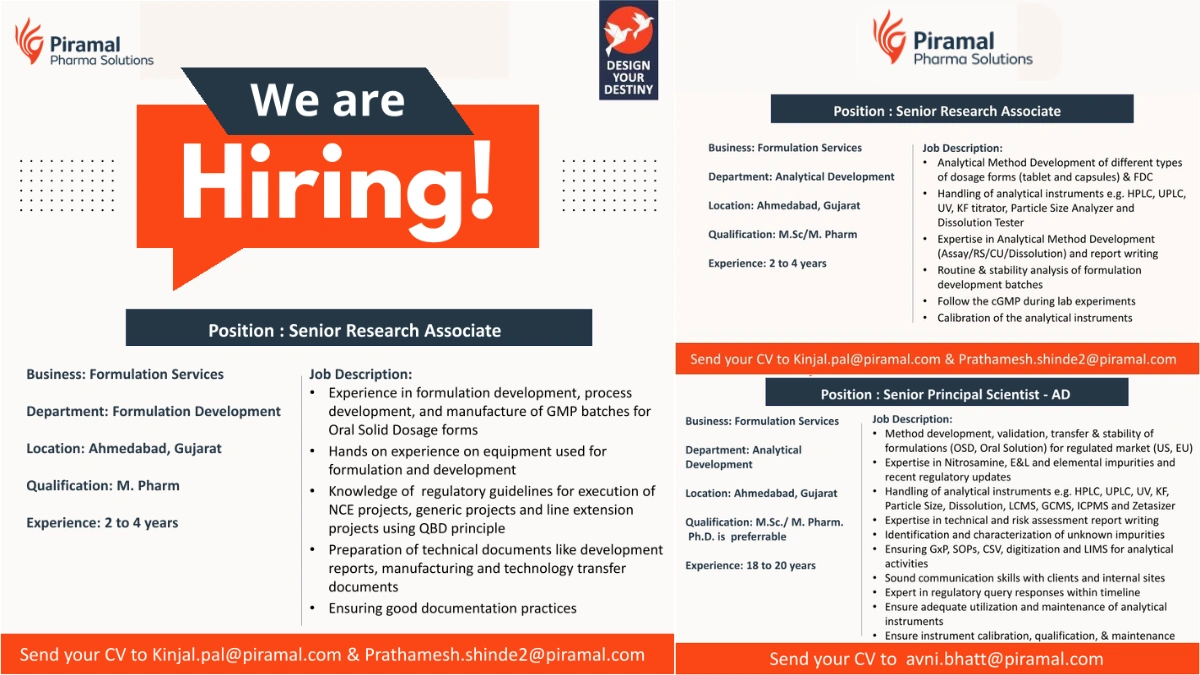 Piramal Pharma Solutions - Urgent Hiring for Sr. Research Associate