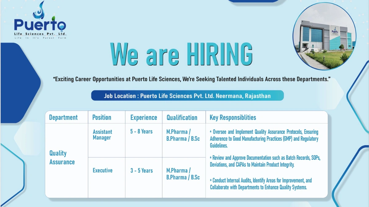 Puerto Life Sciences Is Actively Hiring Assistant Manager, Executive for QA and QC