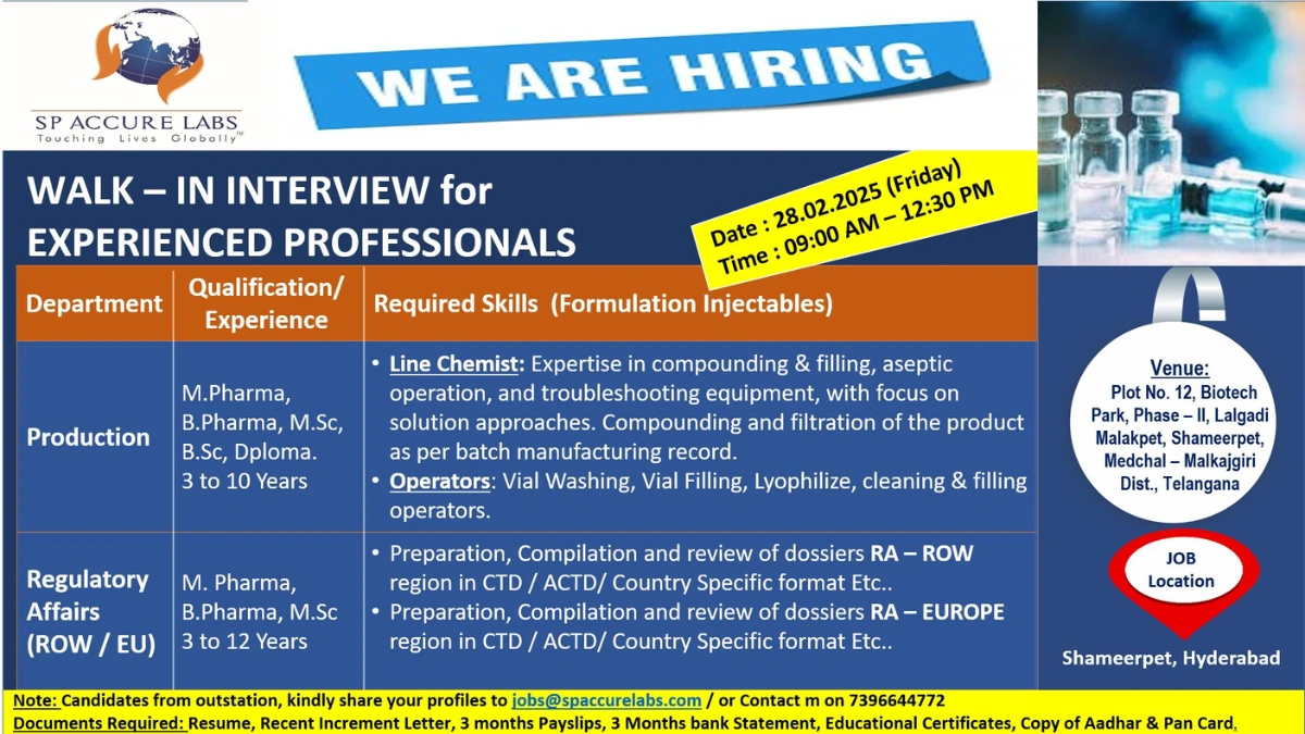 SP Accure Labs – Walk-In Interview for Experienced Professionals