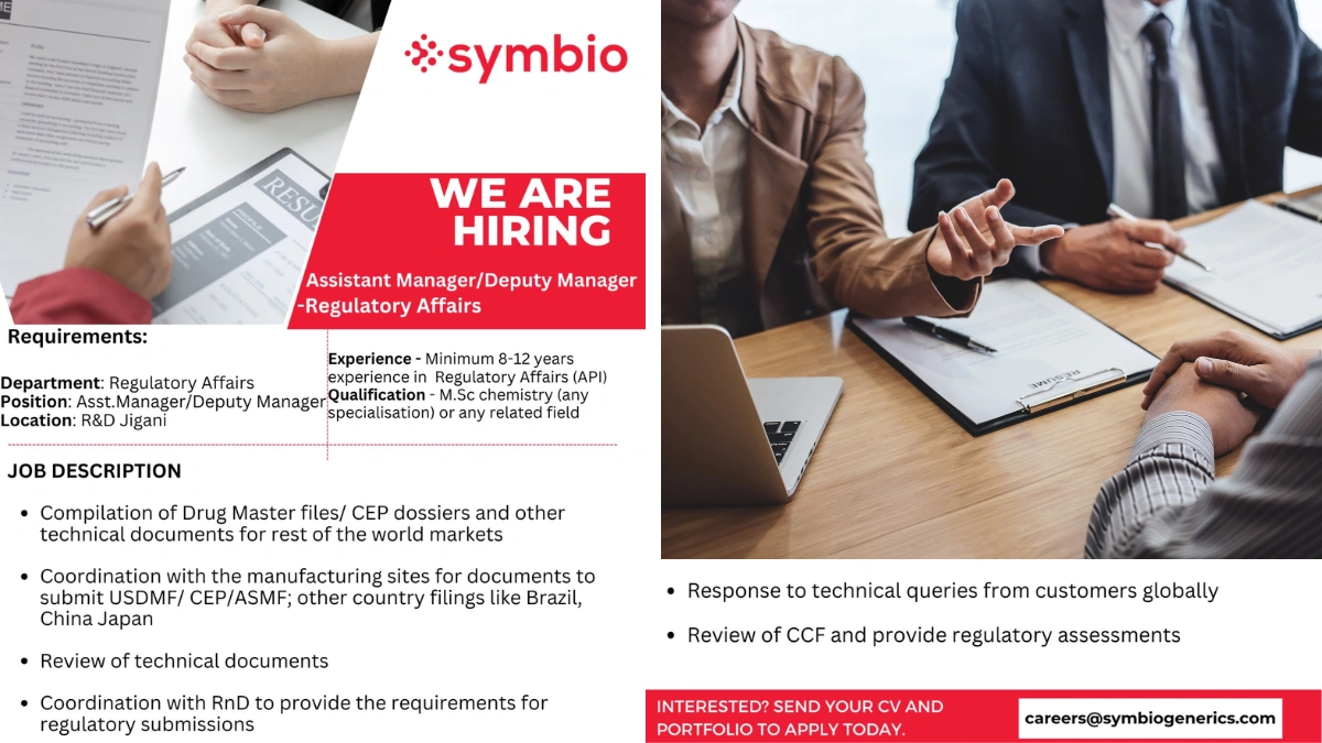 Symbio Generics - Hiring for Assistant Manager and Deputy Manager (Regulatory Affairs)