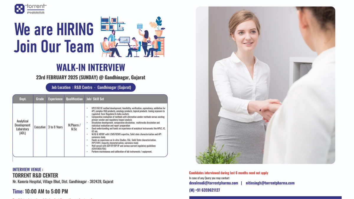 Torrent Pharma Walk-In Interview - R&D Center, Gandhinagar