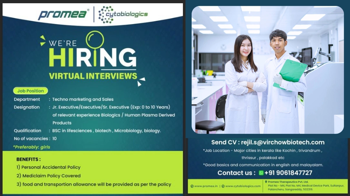 Virchow Biotech (Promea Therapeutics) Hiring Freshers for Jr. Executive, Executive, Sr. Executive