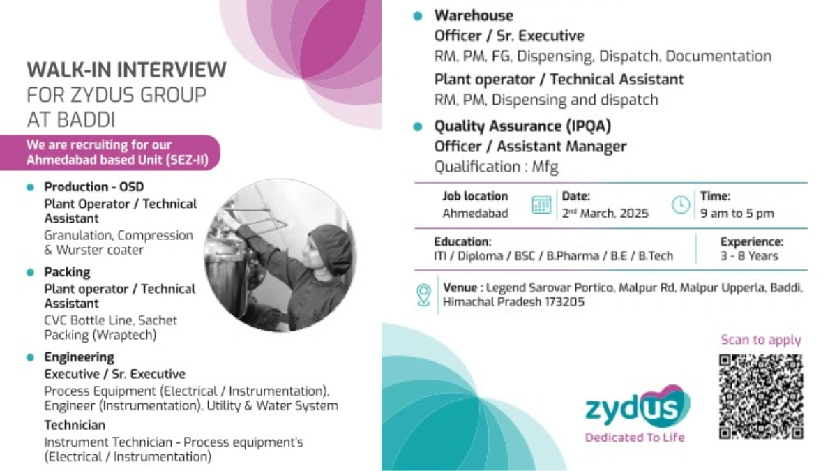 Zydus Group Walk-in Interview at Baddi on 2nd March