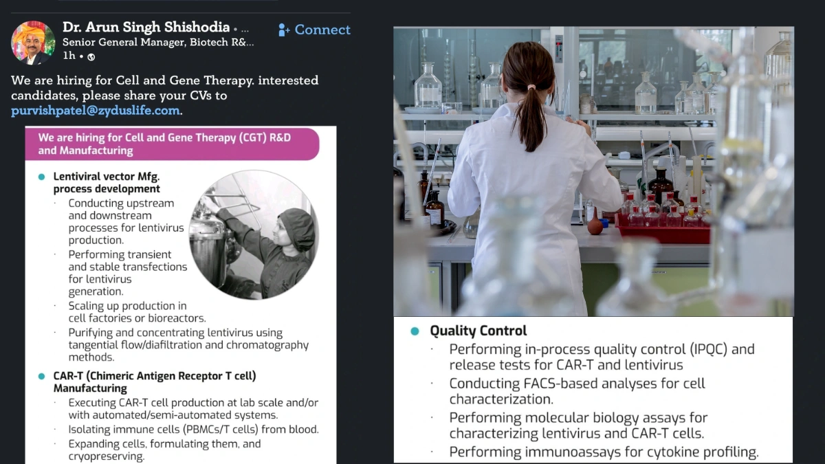 Zydus Laboratories HiringCell and Gene Therapy (CGT) R&D and Manufacturing