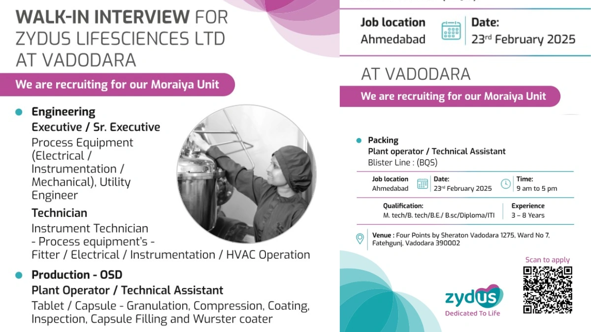 Zydus Lifesciences Ltd - Walk in Interview for Engineer, Packing and Production at Vadodara