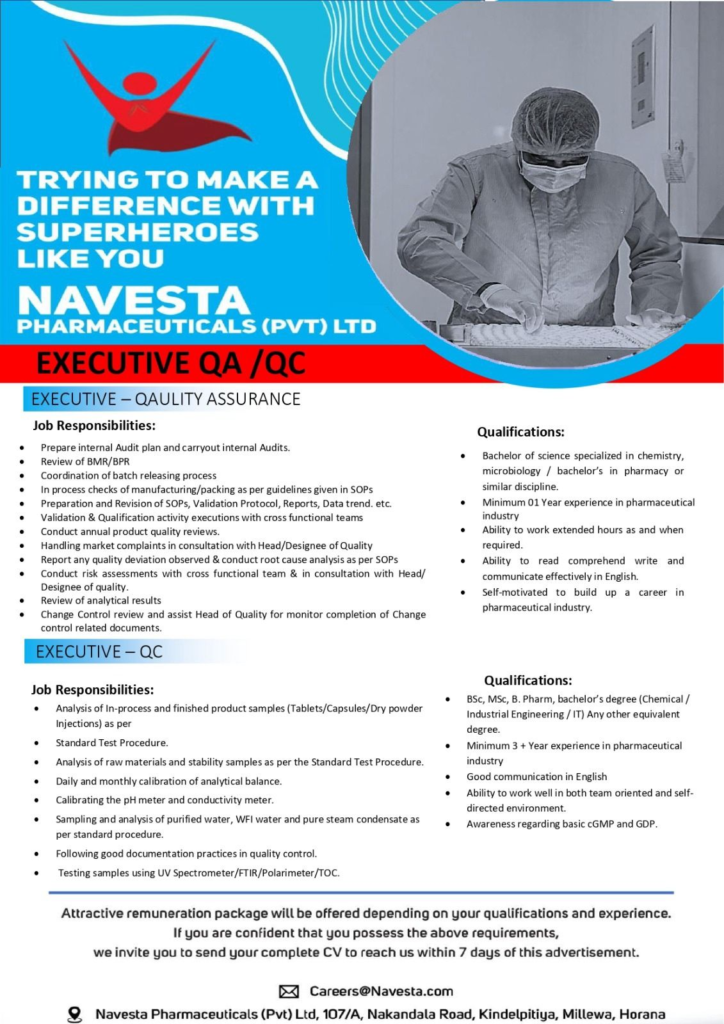 Navesta Pharmaceuticals Hiring Alert for Executive - QA/QC