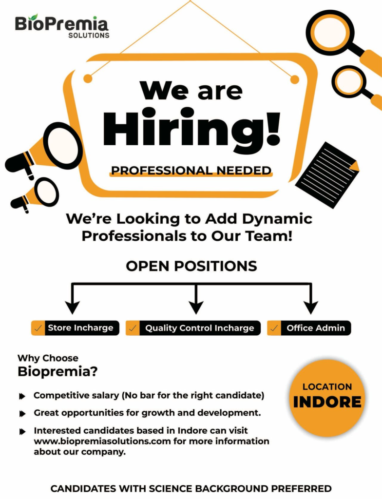 BioPremia Solutions is Hiring for Quality Control, Store and Office Admin Incharge