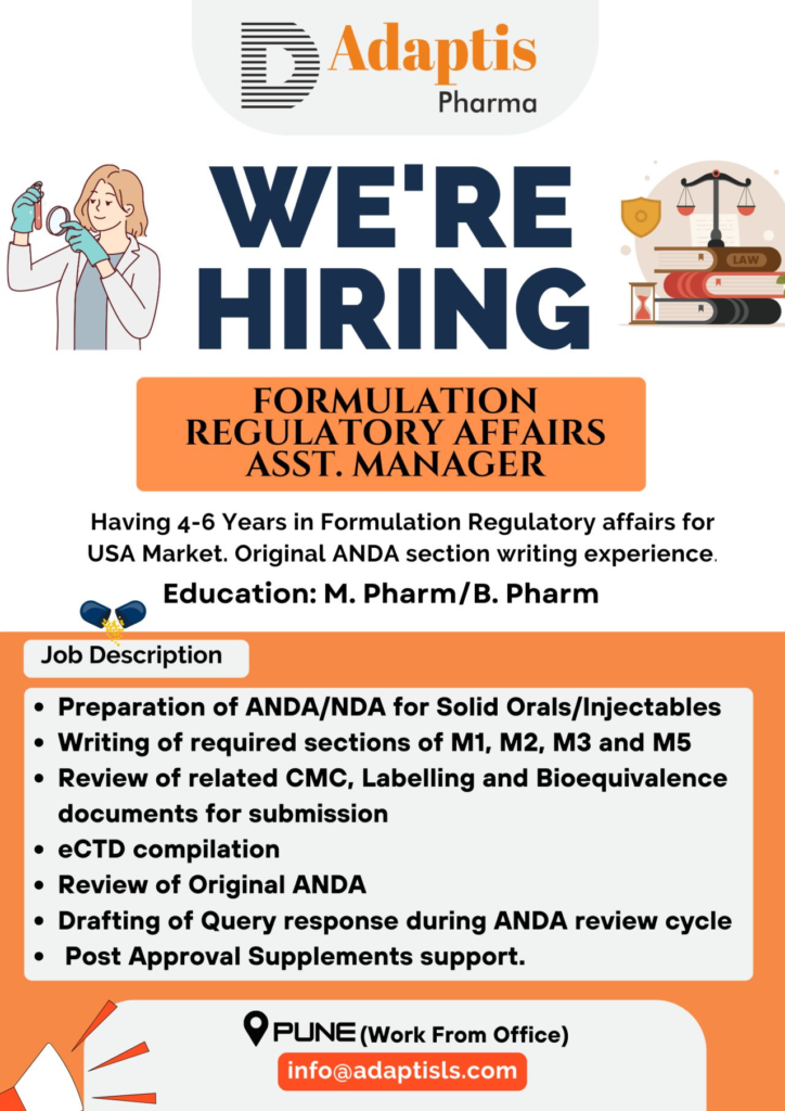 Adaptis Pharma Hiring Alert - Assistant Manager – Formulation Regulatory Affairs