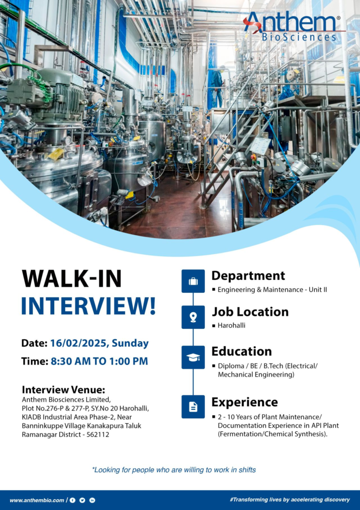 Anthem BioSciences - Walk-In Interview Diploma / BE / B.Tech Candidate