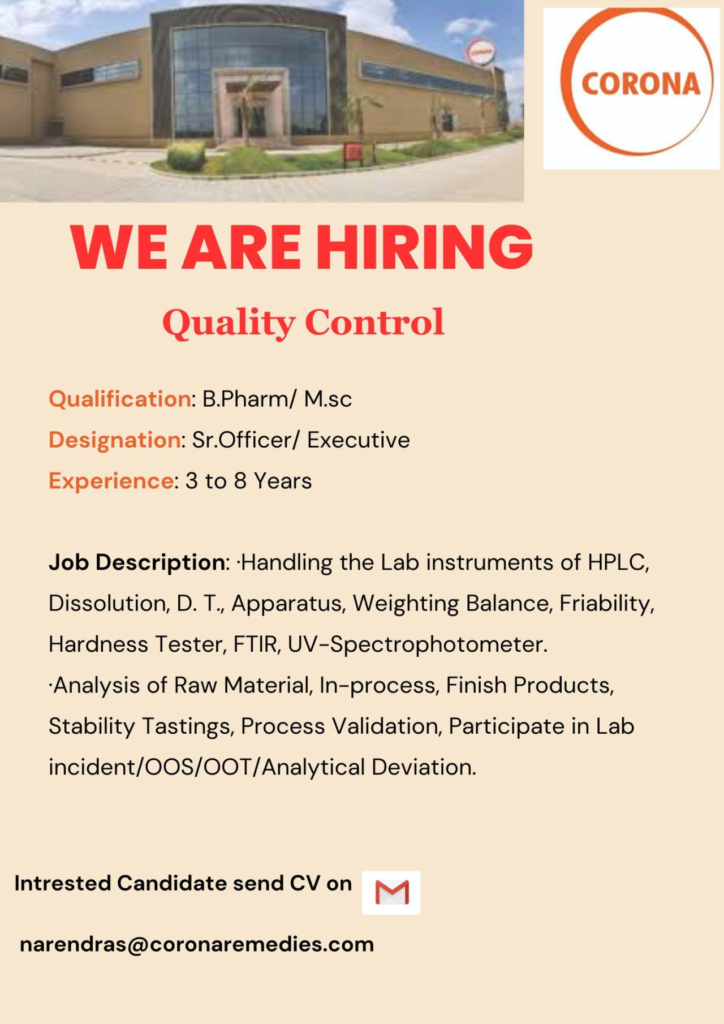 Corona Remedies Is Hiring B.Pharm / M.Sc Candidates for Sr. Officer / Executive