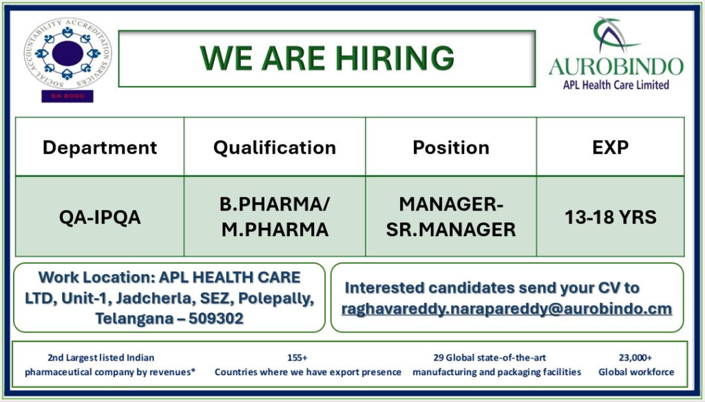 Aurobindo APL Health Care Limited – Hiring for Quality Assurance – IPQA