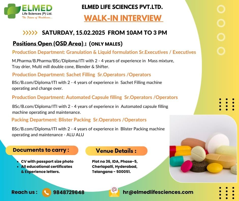 Elmed Life Sciences Pvt. Ltd. – Walk-In Interview for Production and Packing Department