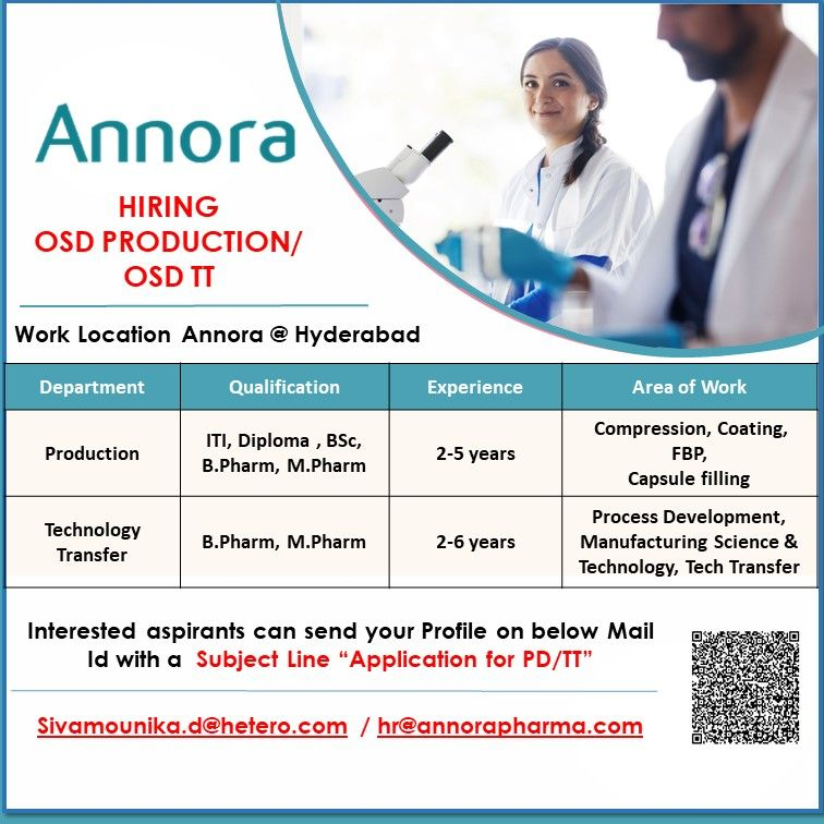 Annora Pharma - Hiring OSD Production & OSD TT Professionals