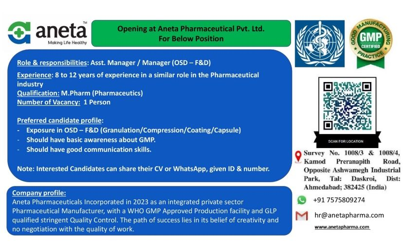 Aneta Pharmaceutical - Hiring Assistant Manager / Manager (OSD - F&D)
