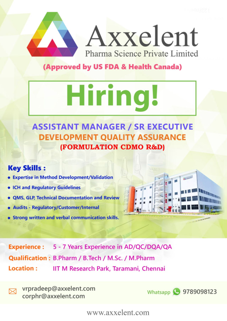 Axxelent Pharma Science Is Hiring for Assistant Manager / Senior Executive – Development Quality Assurance (DQA)