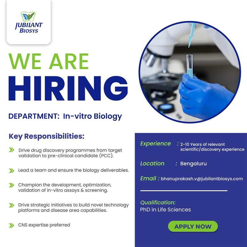Jubilant Biosys – Hiring for In-vitro Biology