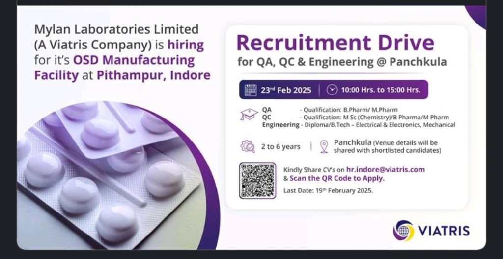 Mylan Laboratories Limited (A Viatris Company) is Hiring for QA, QC & Engineering Positions