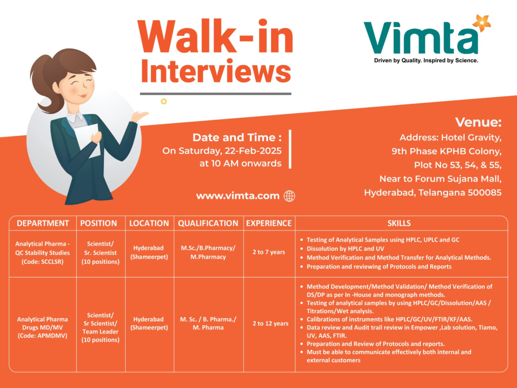 Vimta - Walk in Interview for Scientist / Sr. Scientist / Team Leader on 22nd Feb