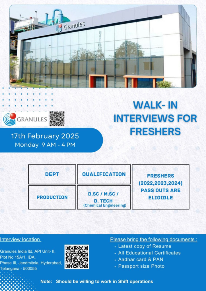 Granules India - Walk-in Interviews for Freshers for B.Sc / M.Sc / B.Tech (Chemical Engineering)