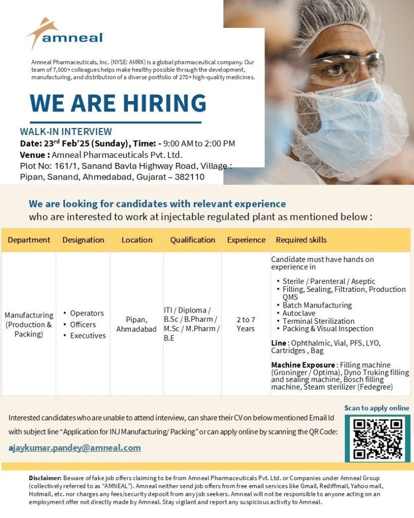 Amneal Pharmaceuticals - Walk in Interview for Manufacturing (Production & Packing) on 23rd Feb
